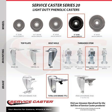 Service Caster 5 Inch Phenolic Swivel 12mm Threaded Stem Caster with Total Lock Brake SCC SCC-TSTTL20S514-PHS-M1215